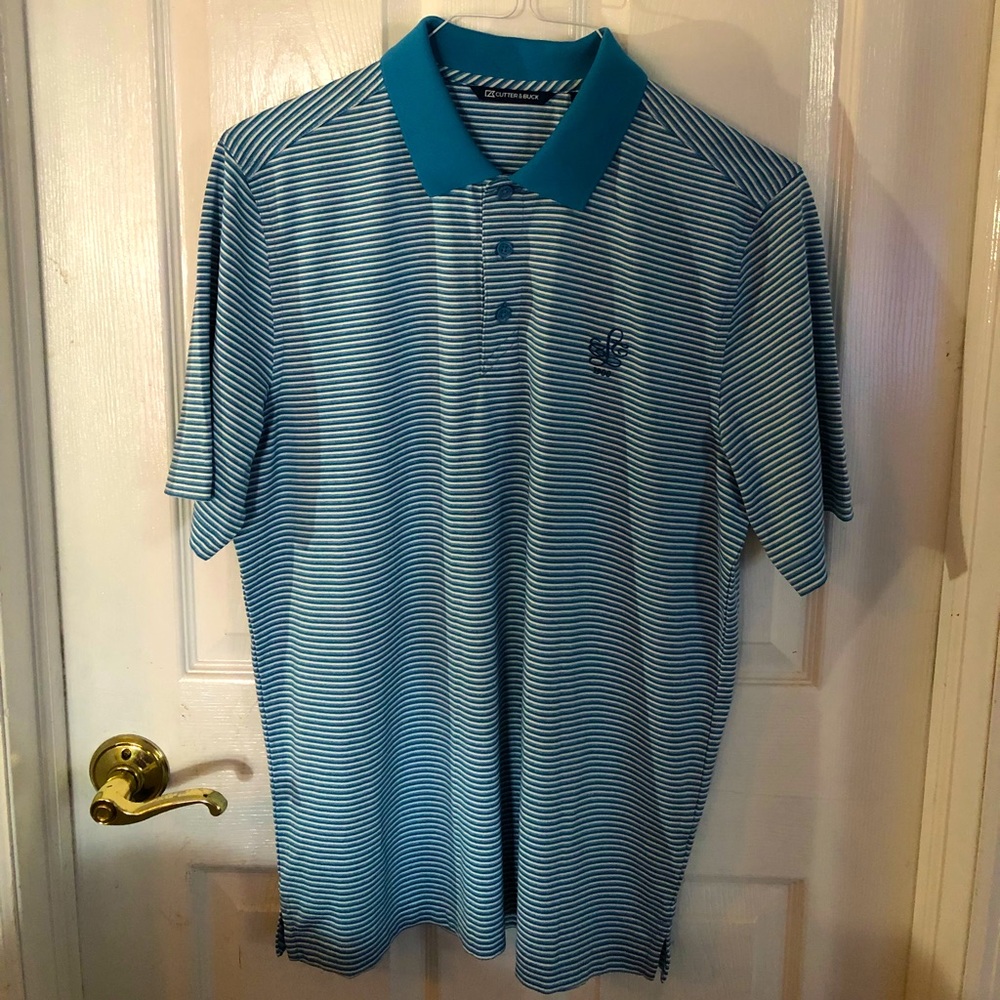 Mens Cutter & Buck Teal & White Striped Golf Shirt - Lancaster Country Club - M